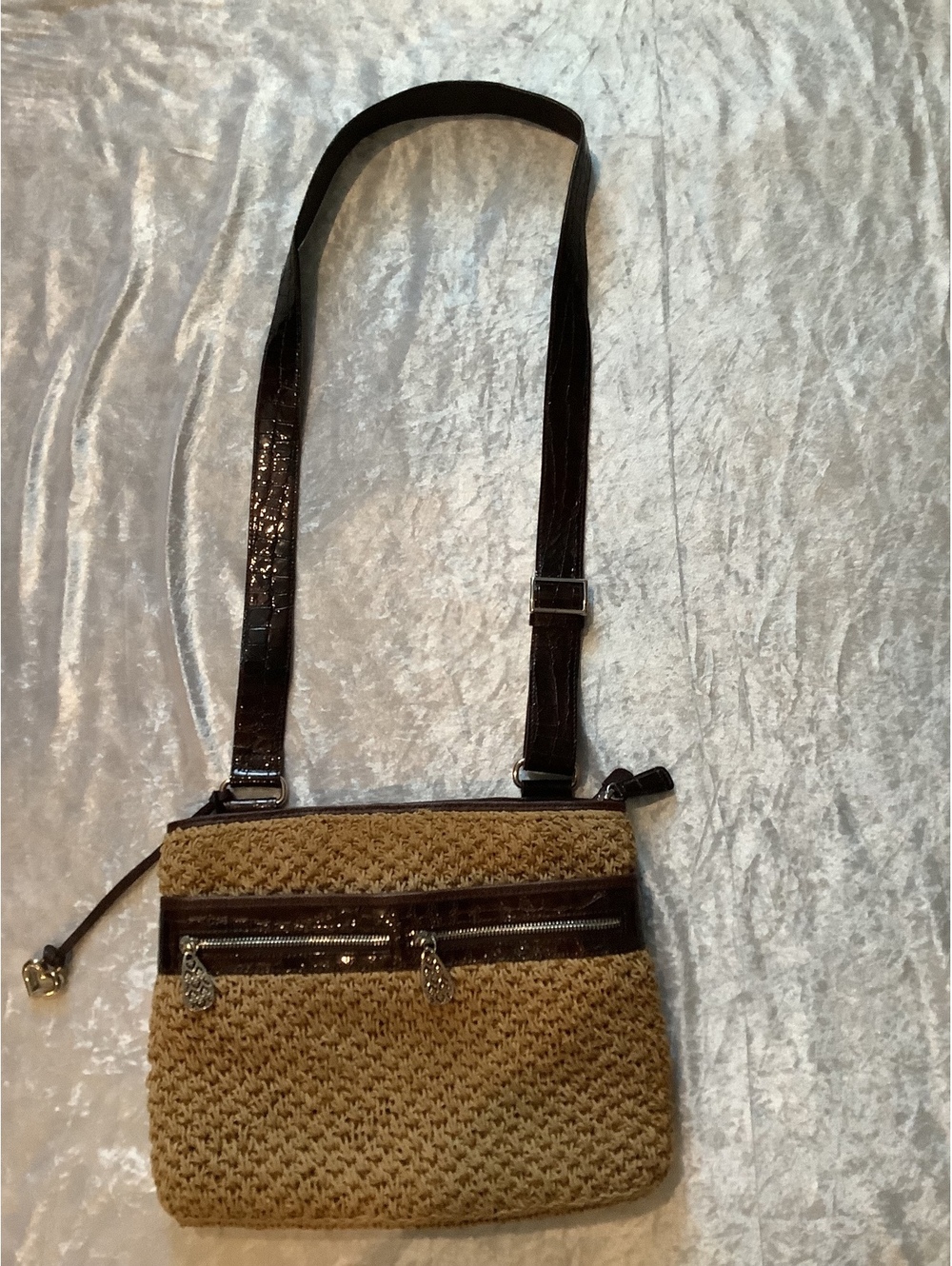Vintage Brighton Woven Crossbody Bag with Brown Leather Trim